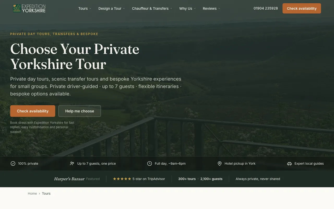 The rebuilt Expedition Yorkshire tours page