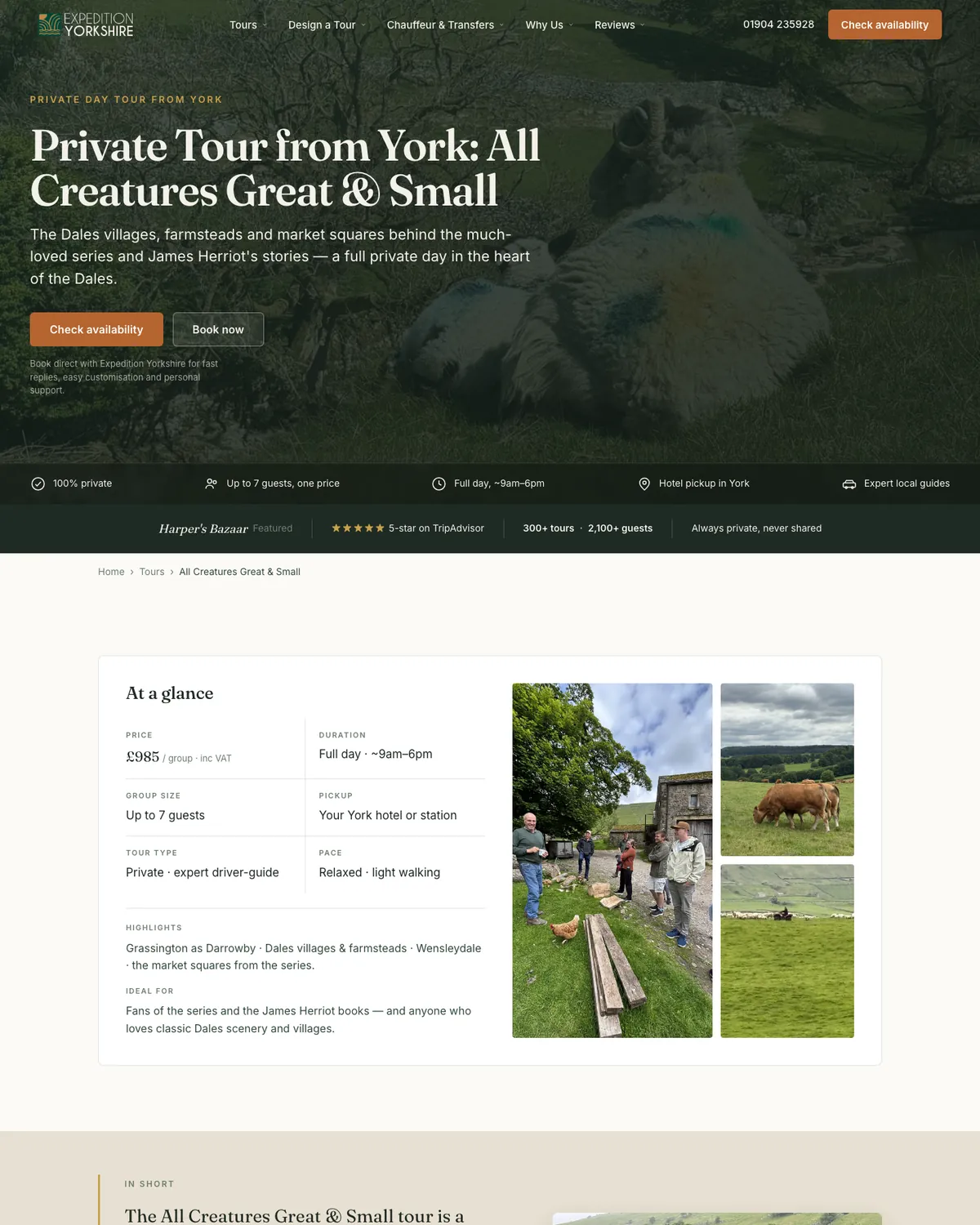A single rebuilt tour page on the Expedition Yorkshire site, with an at-a-glance panel and a Check availability button