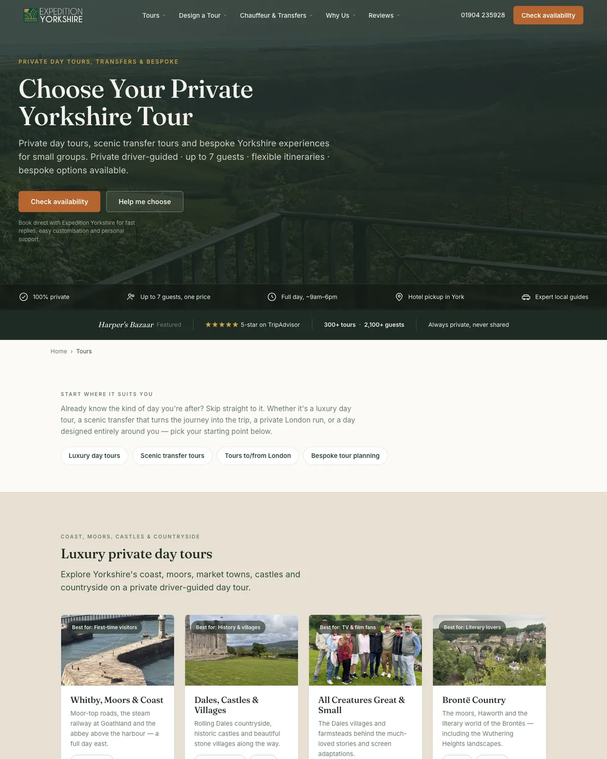 The rebuilt Expedition Yorkshire tours page, listing each private tour with its price and duration