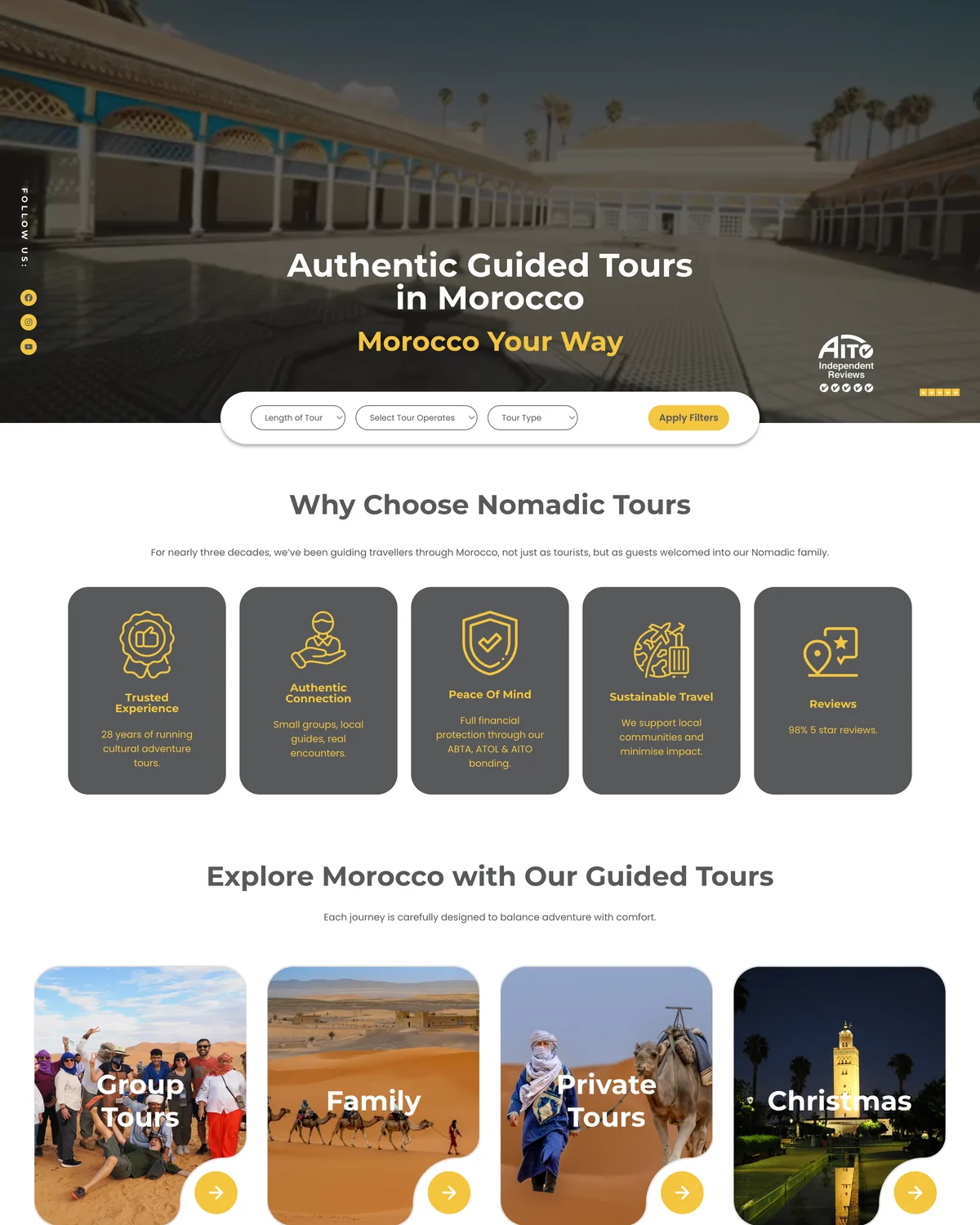 The Nomadic Tours homepage after the redesign, January 2026