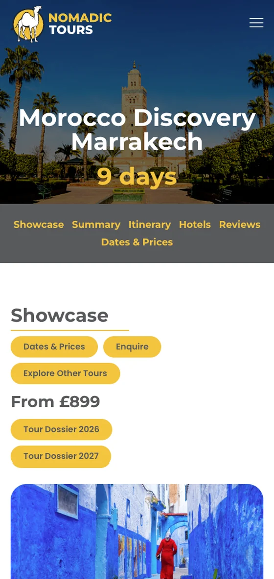 A Nomadic Tours tour page on mobile after the redesign, January 2026