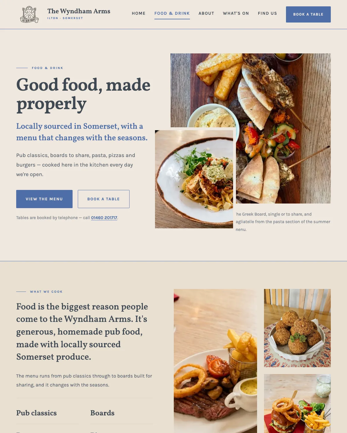 The Food & Drink page on the rebuilt Wyndham Arms website