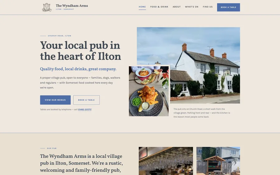 The Wyndham Arms website after the redesign