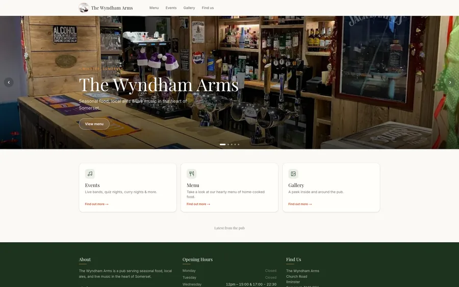 The Wyndham Arms website before the redesign