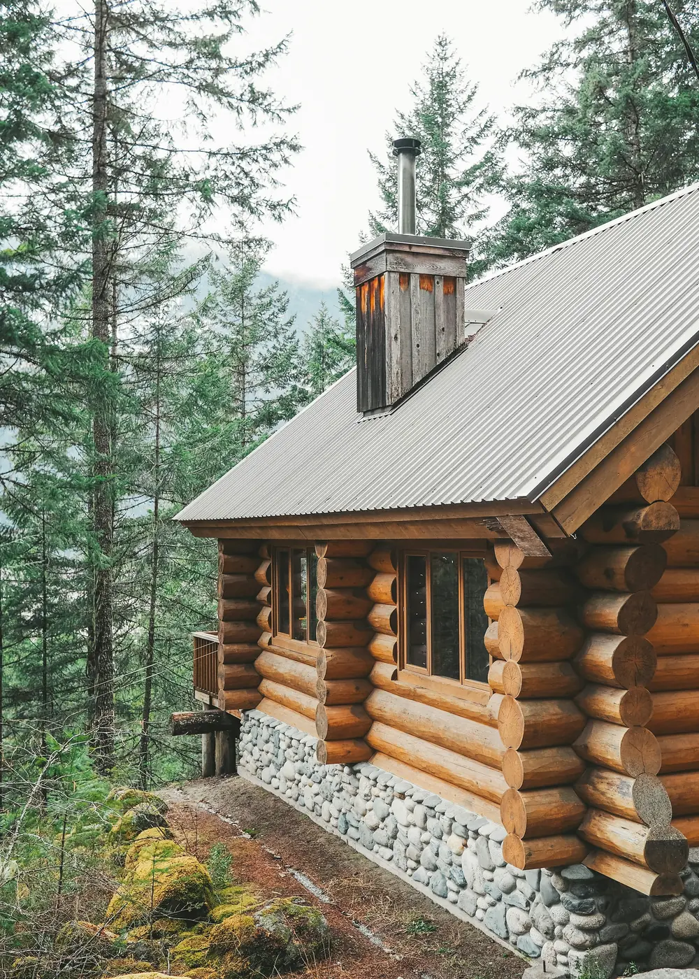 A log cabin among tall pines, its timber walls catching the light