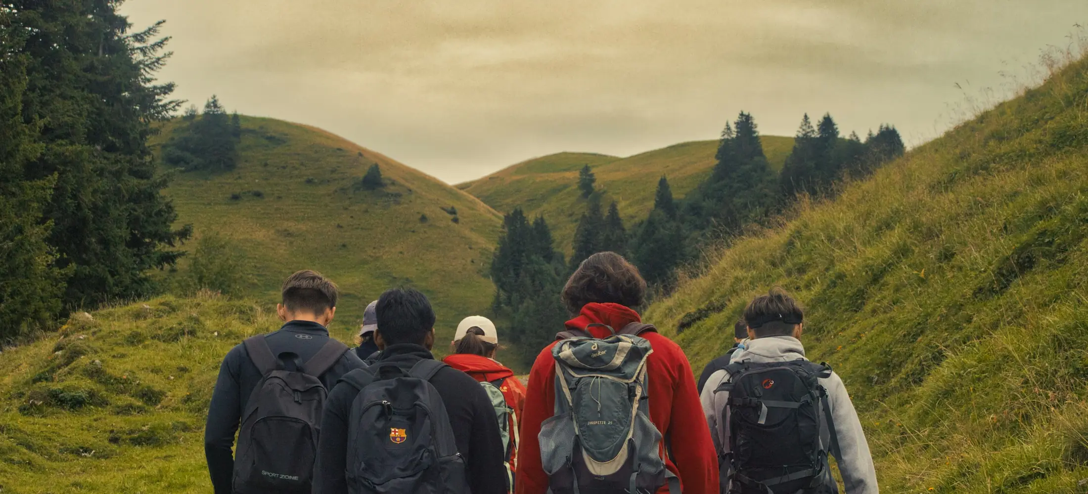 A small walking group heading along a hill trail in evening light