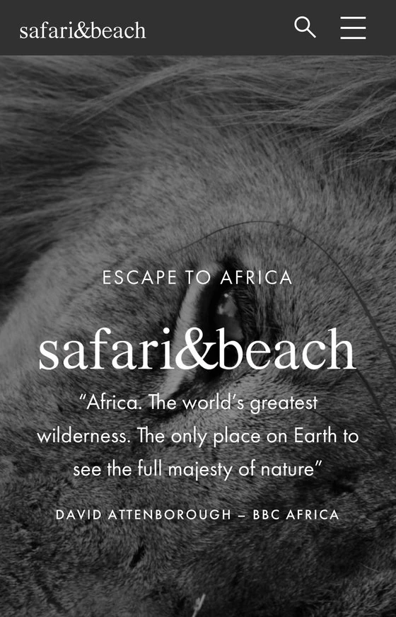 Safari & Beach homepage on mobile